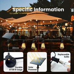 Solar String Lights 100FT, ST38 Shatterproof Bulbs Waterproof for Patio Garden