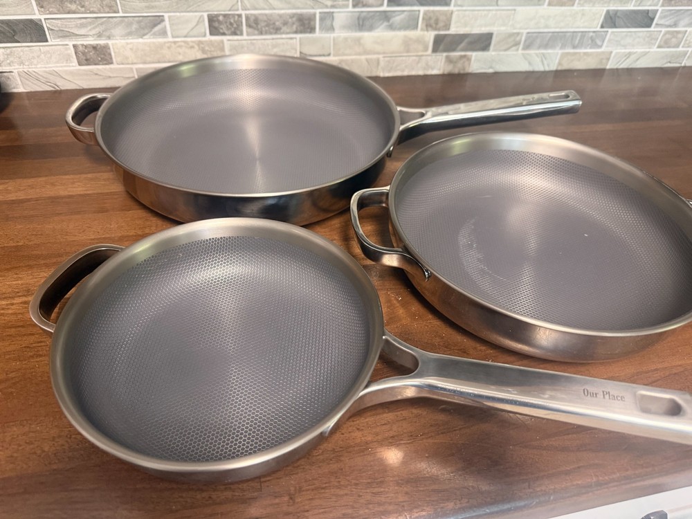 Our Place Titanium 3 Piece Pan Set – Always Pan Pro Chrome – 8.5″, 10.5″, 12.5″