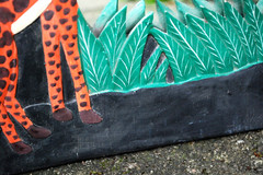 Vtg Hand Carved Painted WOOD MIRROR Jungle Giraffes 18.5″ Orange Green Blk BALI