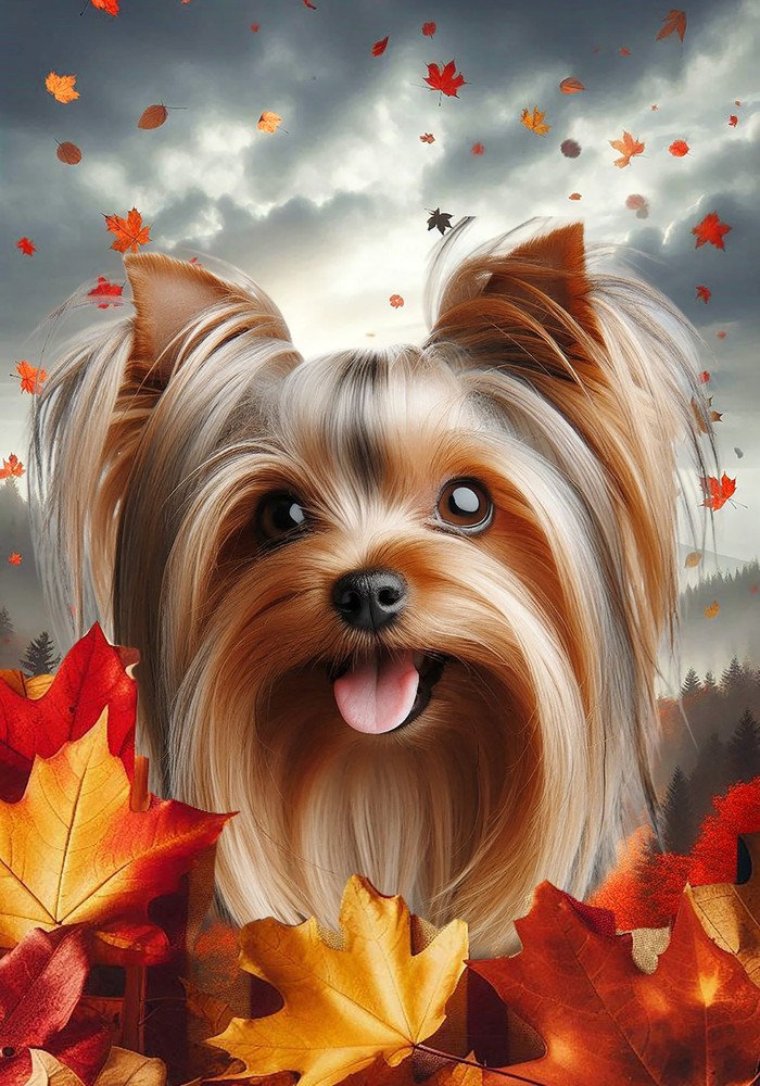 Silky Terrier Silver/Tan Fall Leaves Flag