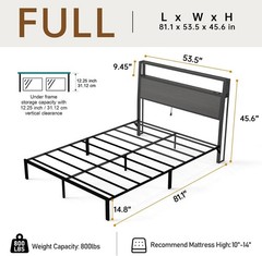 Queen Full Size Bed Frame with Storage Headboard &Charging Station＆ LED Lights