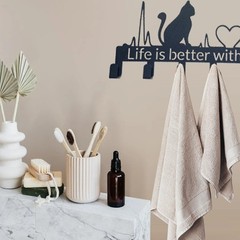9.8 In Black Cute Cat Key Holder Wall Mount 6 Hooks Organizer Rustproof