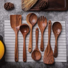 Wooden Kitchen Utensil Set 7 Pieces Natural Teak Non-Stick Spatula Spoons