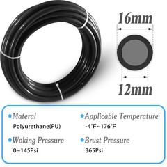 Pneumatic Tubing Black Polyurethane PU Air Hose 16mm x 10M,