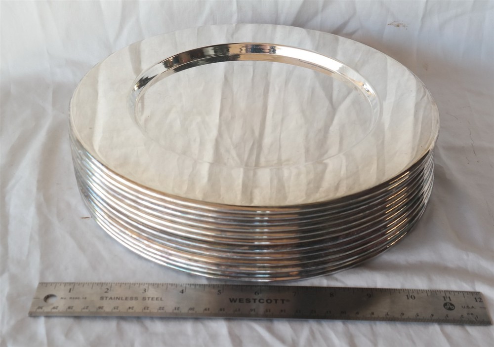Vtg Set of (12) Silver plated Charger Plates 11 5/8″ diameter (READ)