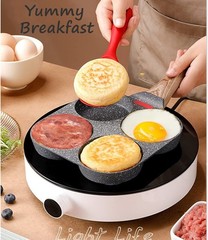 4 Holes Egg Fry Pan Pancake Maker Non-stick Egg Hamburger Pan W/ Wooden Handle
