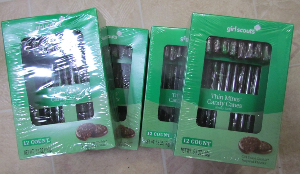 4 Packs of 12 Girl Scouts Thin Mints Candy Canes=48 canes brown w/ green stripes