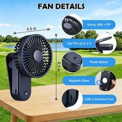 Rechargeable Magnetic Golf Cart Clip-On Fan Portable 3-Speed Mini Cooling Fans