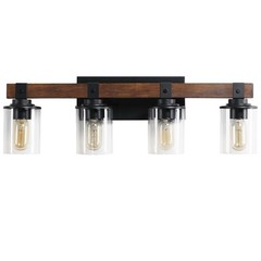 27″ Rustic 4-Light Vanity Light with Glass Shades and Wood Accent