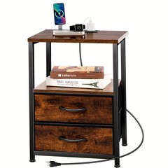 Nightstand Bedside Table W/ 2 Drawers Charging Station Shelf Bedroom Side Table