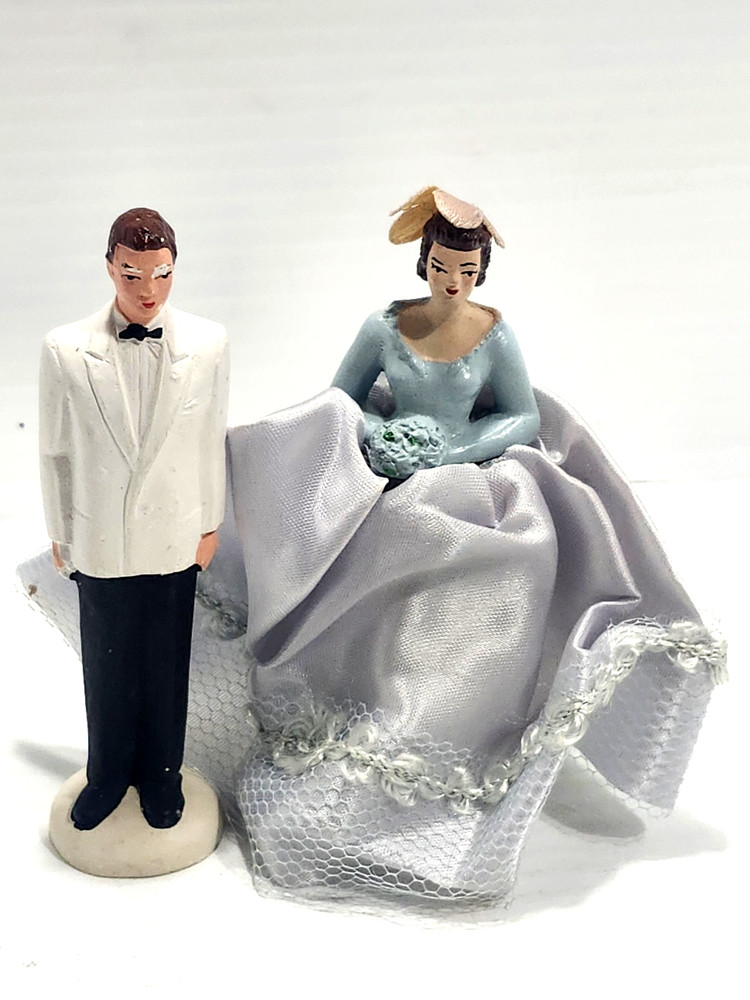 Vintage Chalkware Bride and Groom Wedding Cake Topper Figures
