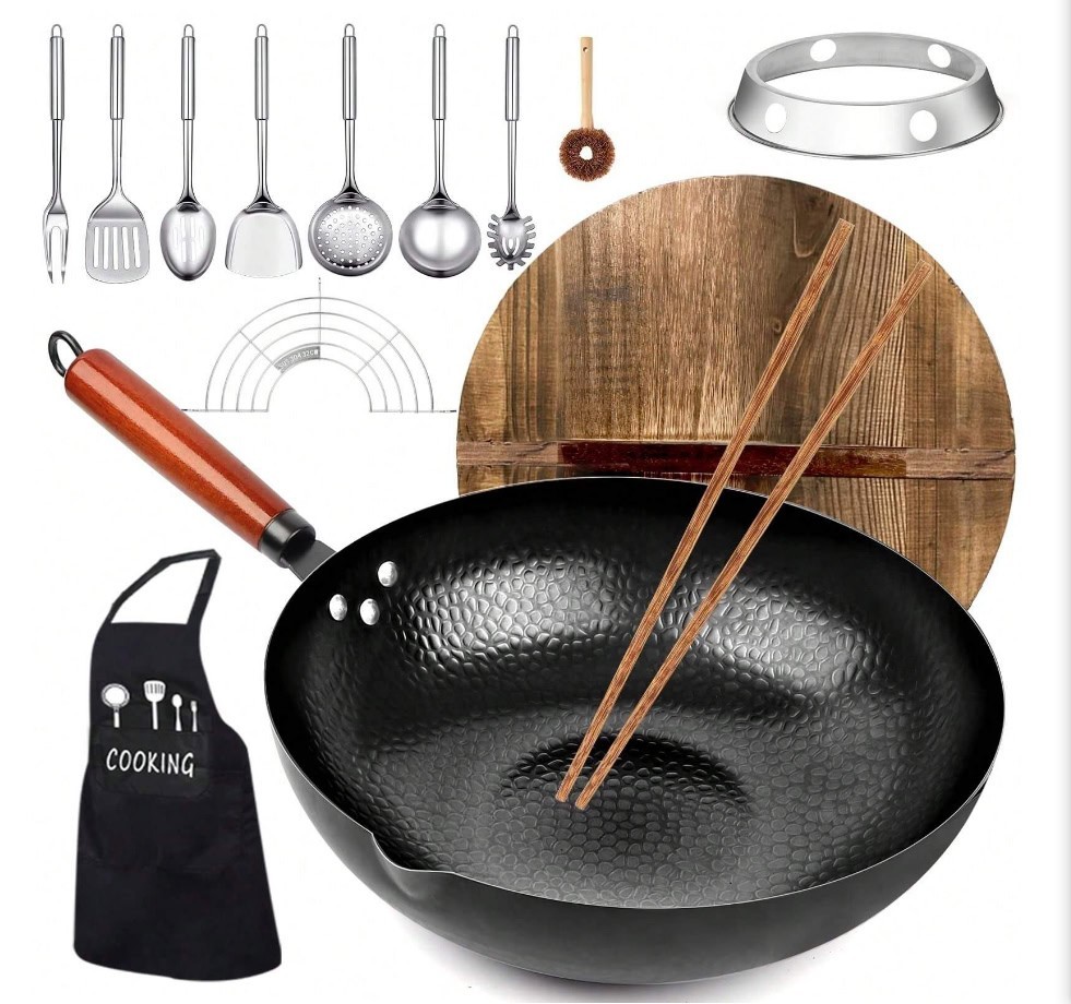14 Piece Carbon Steel Wok Pan Set with Lid Flat Bottom Stir Fry Cookware