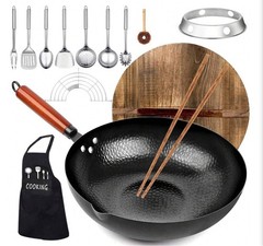 14 Piece Carbon Steel Wok Pan Set with Lid Flat Bottom Stir Fry Cookware