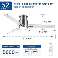 52″ Brushed Nickel Low Profile Ceiling Fan with Light Energy Saving Fan NEW