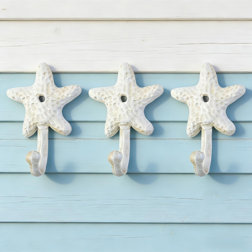 3Pack Cast Iron Starfish Coat Hooks 4.2in Decorative Wall Hooks Nautical Deco…