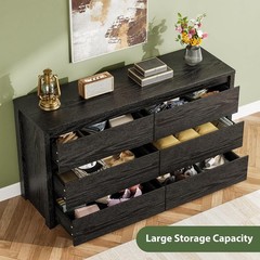 Wide 6 Drawer Dresser Black, Handle Free Wood Chest for Bedroom Living Room