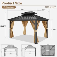10x12FT Hardtop Gazebo Galvanized Steel Framed Double Roof Netting & Curtains