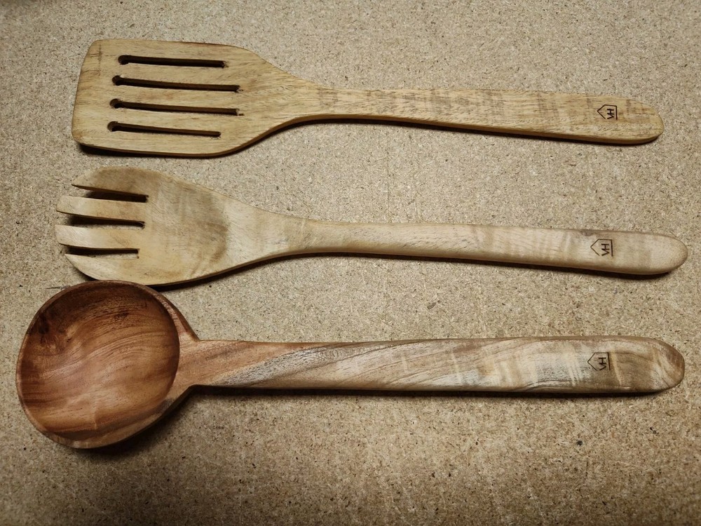 3 PC Indian Neem Wood Ladle, Spatula, Fork, Naturally Non Stick, 12″, Handcarved