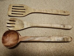 3 PC Indian Neem Wood Ladle, Spatula, Fork, Naturally Non Stick, 12″, Handcarved