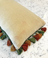 Vintage Handmade Wool Needlepoint Pillow Flowers Tassel Fringe Velvet 21″ x 11″