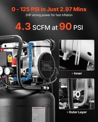 VEVOR 14-Gallon Air Compressor 2HP 4.3 SCFM at 90PSI Max 125PSI Oil-Free Tank
