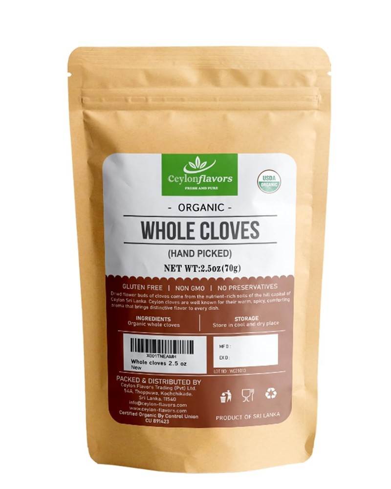 2.5 oz Ceylon Flavors Organic Premium Hand-Picked Whole Cloves(Resealable Pouch)