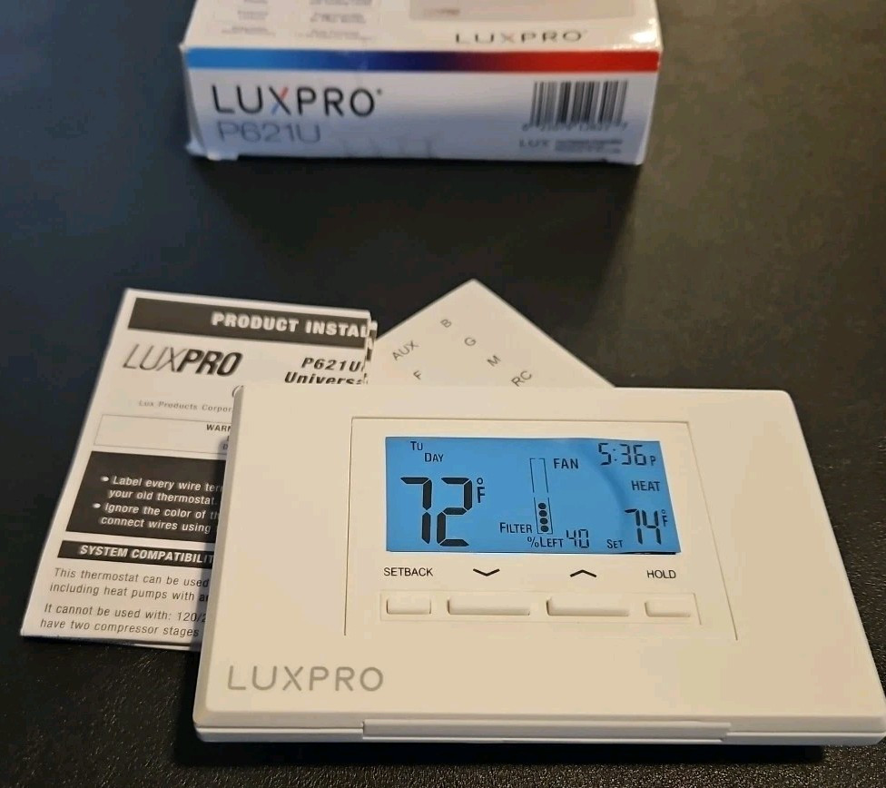 LuxPro P621U Thermostat for Heat & AC and Heat Pumps 2 Stages Heat 1 Stage Cool