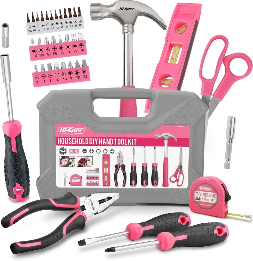 Hi-Spec Pink Household Tool Kit Set with Toolbox Case for DIY Home Repair