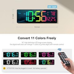 Digital Wall Clock Large Display 16″, Digital Clock with 11 RGB Multicolor