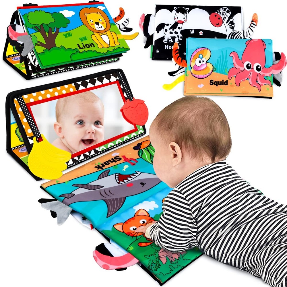 Baby Toys 0-6 Months – Tummy Time Toy Baby Mirror Infant Toys with Cloth Book –