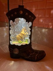 10.25-inch LED Lighted Cowboy Boot Spinning Water Globe Lantern Western Decor