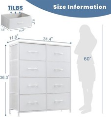 White 8 Drawers Dresser Bedroom Chest Organizer Storage Tower with Fabric Bins