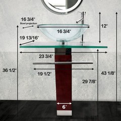 Rectangle Glass/Wood Bathroom Pedestal Sink with Chrome Faucet, Drain, Towel Bar