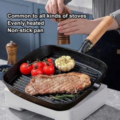 Cast Iron Grill Pan Steak Frying Skillet Wooden Handle BBQ Camping Kitchen