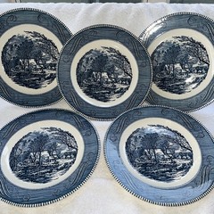 5 Currier and Ives Old Grist Mill Blue Dinner Plate 10″ Royal China USA. 11