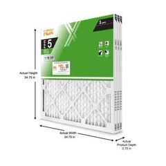 25 X 25 X 1 Standard Pleated Air Filter FPR 5 3-Pack Non-Electrostatic Cardboard