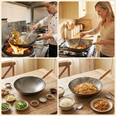 Hand Hammered Carbon Steel Wok 13.5″–Round Bottom,Traditional Stir Pan For Cook