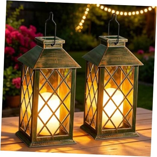 Solar Lanterns Outdoor Waterproof, Flickering Candles Bronze*2, 4.2*4.2*8.7in