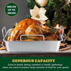 Roasting Pan, 16 x 11.5 Inch Stainless Steel Turkey Roaster with V-shaped & F…