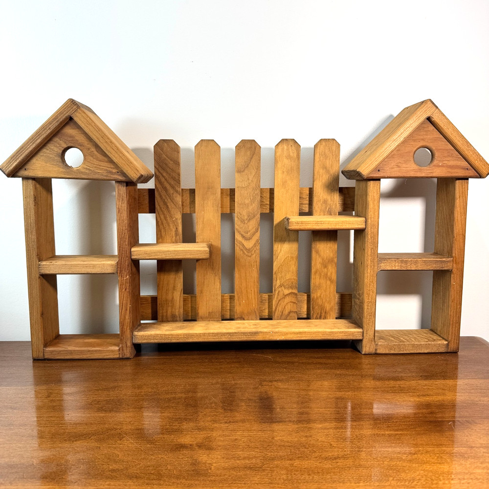 Vintage Wooden Shelf Picket Fence Bird House Trinket Shelves 26.5″ w x 15″ h