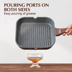 Nonstick Grill Pan for Stove Tops, Versatile Griddle with Pour Spouts, 9.5 Inch