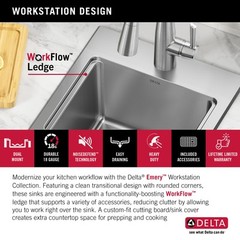 Delta Emery 15″ Drop-In Sink – SS, WorkFlow Ledge, Single-Certified Refurbished