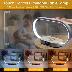 Bedside Lamp w/Wireless Charger Clock USB Charging Port Touch Control Nightstand