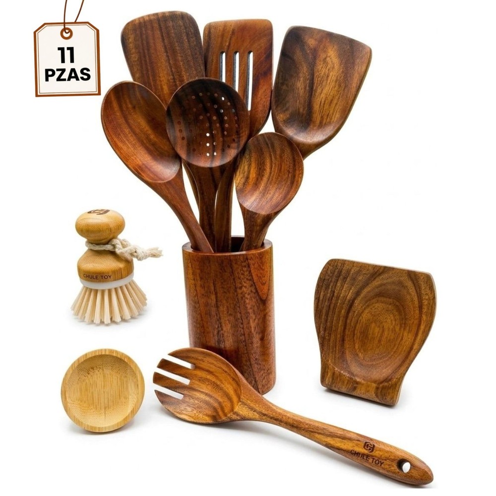 Premium 11pcs Acacia Wood Kitchen Utensil Set – Natural & Non-Stick Safe Cooking