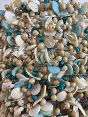 Beaded & Shells Wall Sconces 9”H 11”W Pair Votives Blue/Silver/Tan Beach Ocean