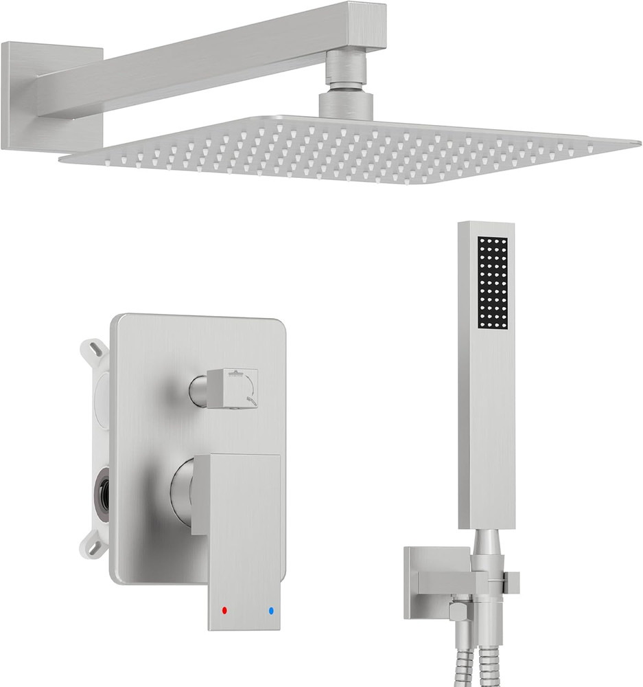 Shower System, 10” High Pressure Brushed Nickel Shower Head with Handheld Spray
