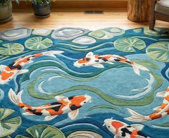 Hand Tufted Koi Fish Pond Rug – Round Artistic Area Rug – Japanese Style Water