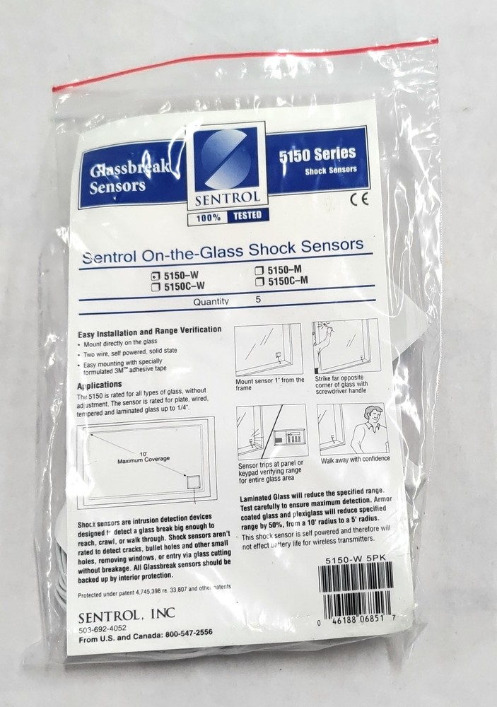New Pack of 5 GE Security Sentrol 5150-W On The Glass Shock Break Sensors White