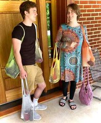 Reusable Cotton Mesh Grocery Bags Foldable Long Handle Net Tote Bag for Shopping