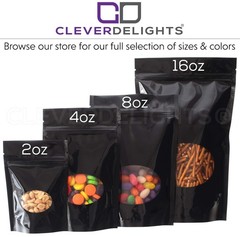 100 Pack Glossy Black Stand Up Pouches 4oz 5″x8″x2.5″ Resealable Window